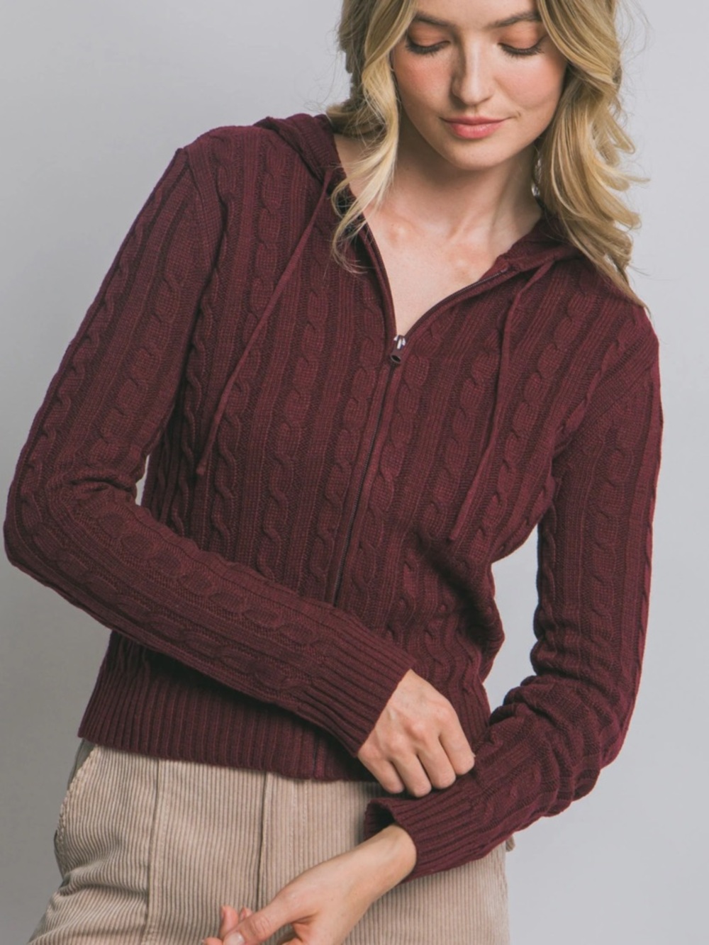NWT Love Tree Cable Knit Zip Hoodie Sweater - Burgundy Medium Fit